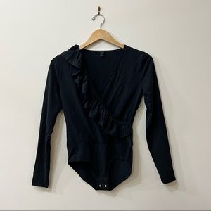 J Crew ruffle front wrap black long sleeve bodysuit